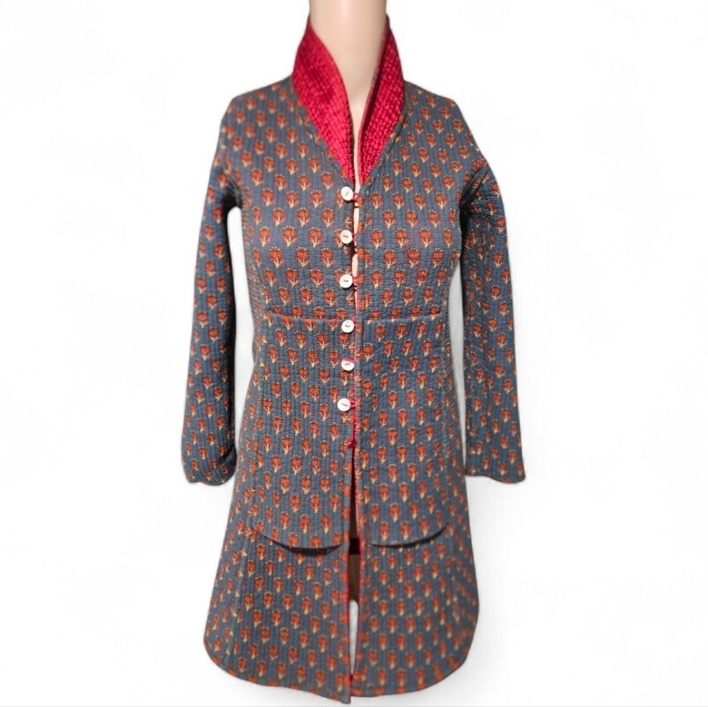 Vintage Reversible Quilted Folk Print Longline Jacket. Red/Teal Floral. XS/S - Picture 4 of 16